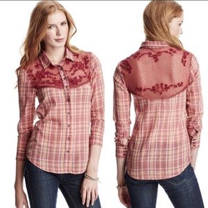 Free People lace back plaid button down shirt